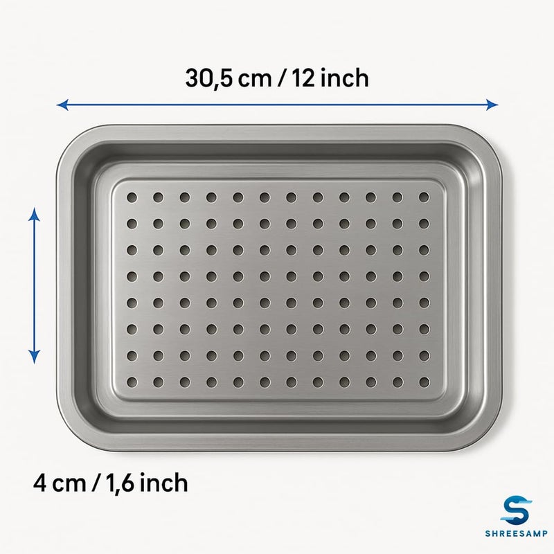 SHREESAMP SHREESAMP Stainless Steel Tea Serving Tray, Rectangular Silver Tray for Home, Office, Teahouse, Tea Shop, Restaurant l 30.5 x 20.5 x 4 Drainage Tray Metal Organizer Plate to Hold Fruit, Teacup  - Image 2