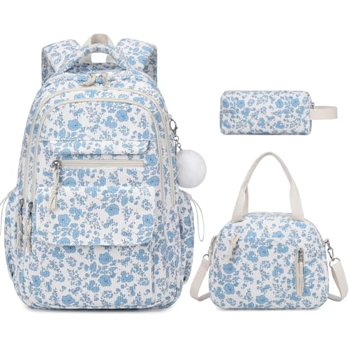 Bevalsa Backpack for Girls 3PCS Corduroy Kids Backpack Set with Lunch Box Pencil Pouch Bookbag Daypack Laptop Bag for Women Teens Elementary Middle High School - Image 1