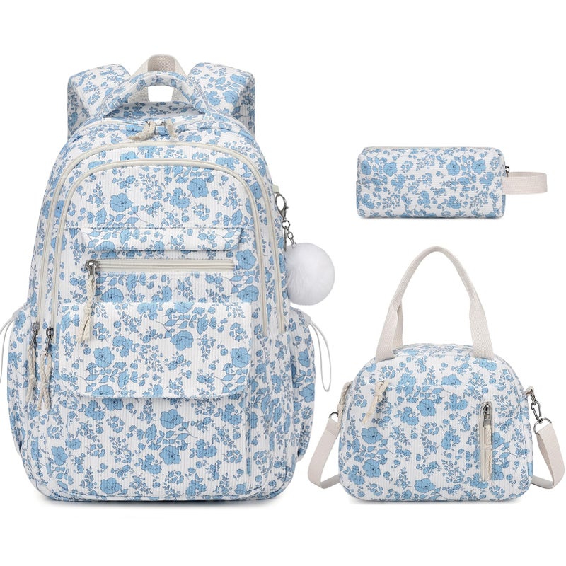 Bevalsa Backpack for Girls 3PCS Corduroy Kids Backpack Set with Lunch Box Pencil Pouch Bookbag Daypack Laptop Bag for Women Teens Elementary Middle High School - Image 2