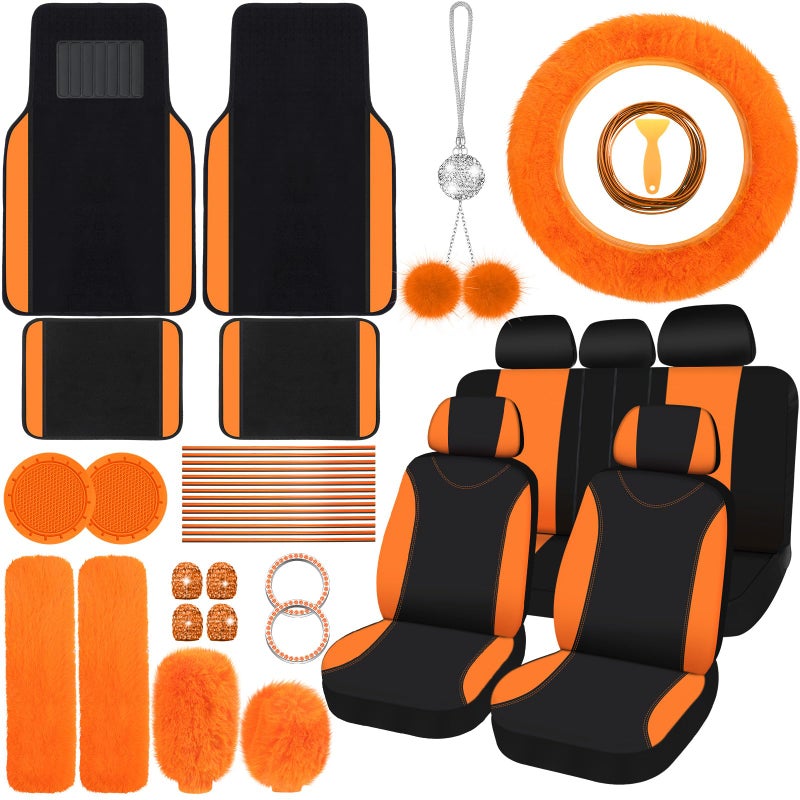 Woanger 47 Car Seat Cover Full Set for Women Included Car Front Rear Seat Fluffy Steering Wheel Cover Belt Automotive Floor Mats Air Conditioner Decoration Strip Universal(Green) - Image 1