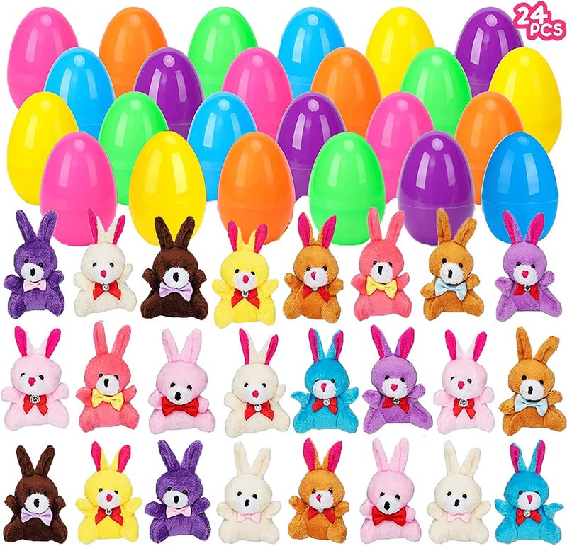 Lumiparty 24 Pcs Filled Easter Eggs with Plush Bunny,Colorful Easter Eggs Prefilled with Plush Bunnies,Plush Animals Stuffed Toy for Kids Toddlers Easter Egg Hunt,Easter Basket Stuffers and Easter Party Favors - Image 1