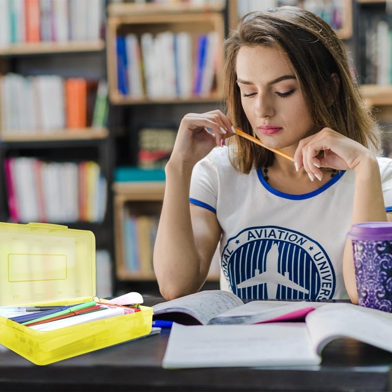 علبة أقلام صفراء، بتصميم جميل ومادة صلبة، مزودة بملصقات، قابلة للتكديس، مناسبة للفتيات والأولاد، سعة كبيرة، حزمة واحدة، أدوات مكتبية، مناسبة للاستخدام المدرسي. - Image 5