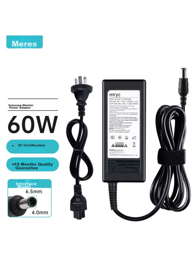 Mryc Samsung Monitor Power Cord, 19v 3.16a Lcd Computer Power Adapter, Universal Laptop Charger With Large Port And Pins, 6.5*4.0 - Image 1