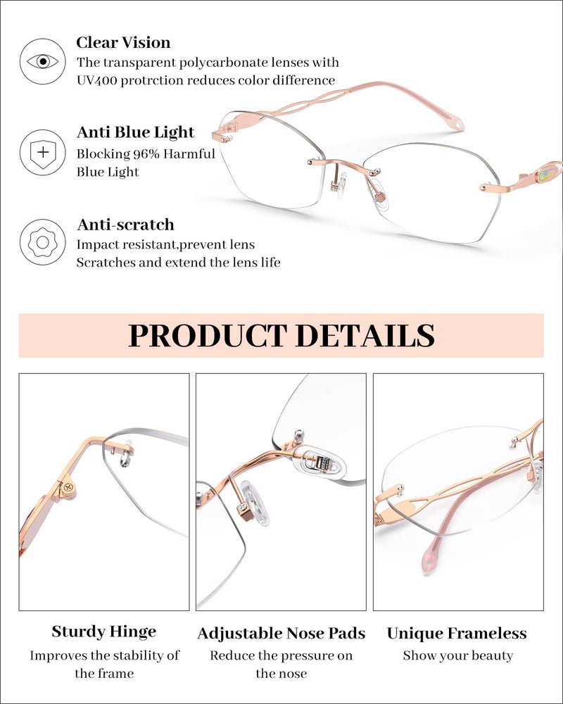 نظارات القراءة Luff Rimless للنساء الأزرق الخفيف الذي يمنع خفيفة الوزن المعدنية القراء الكمبيوتر المضاد للعيون - Image 4