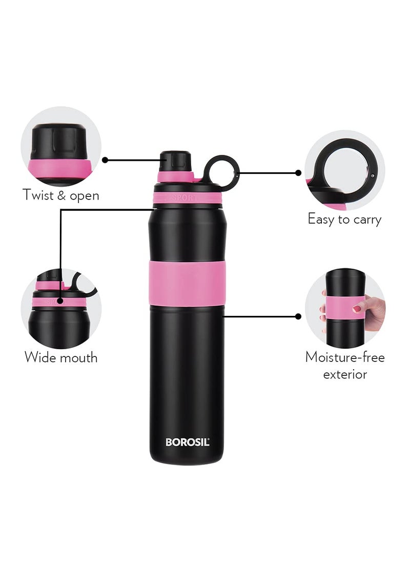 BOROSIL Borosil Hydra Thirst Burst Fuchsia Water Bottle, Stainless Steel Water Bottles, Vacuum Insulated Flask Bottles, 800 ml, Black & Pink  - Image 4