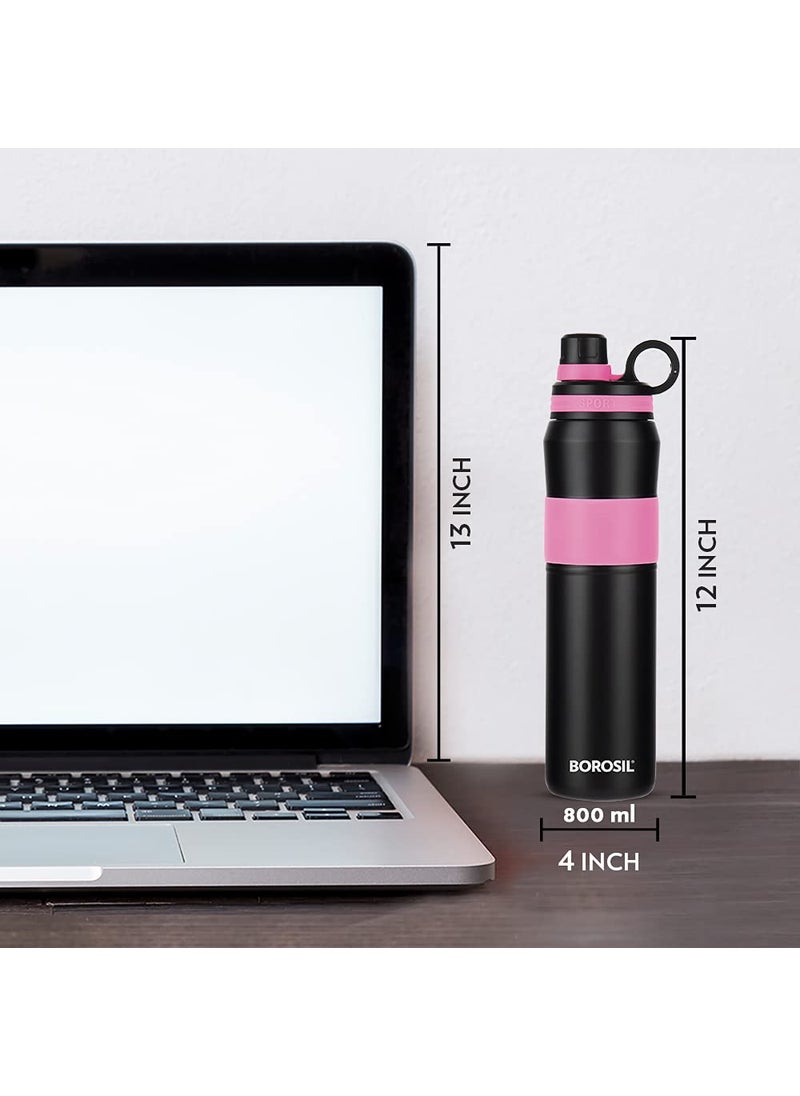 BOROSIL Borosil Hydra Thirst Burst Fuchsia Water Bottle, Stainless Steel Water Bottles, Vacuum Insulated Flask Bottles, 800 ml, Black & Pink  - Image 2