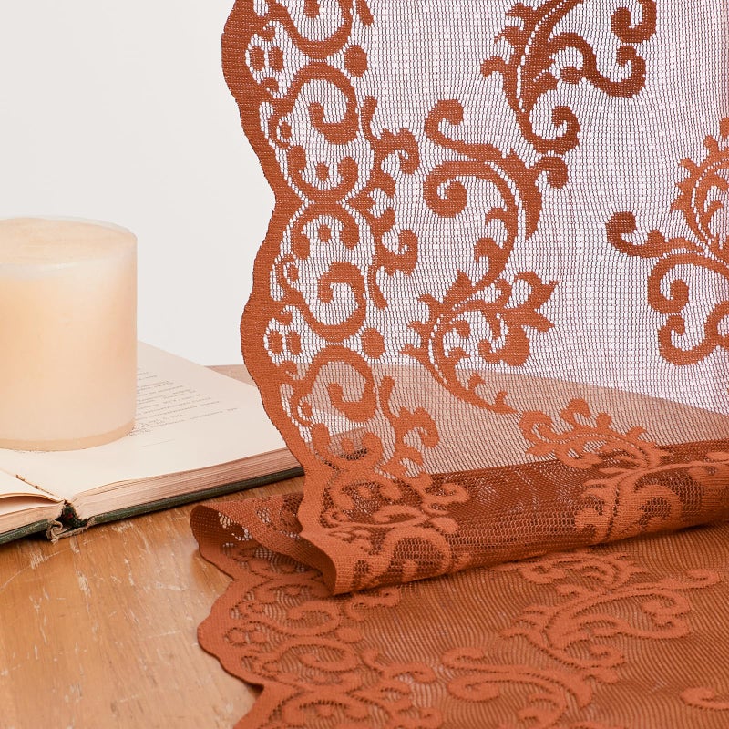 FOLKSIDE Rust Orange Lace Curtains 84 Inches Long Country Battenburg Lace Curtains for Fall Autumn Pumpkin Decor Rod Pocket Light Filtering Vintage Rust Lace Curtains for Bedroom Living Room, 52x84, Terracotta - Image 4