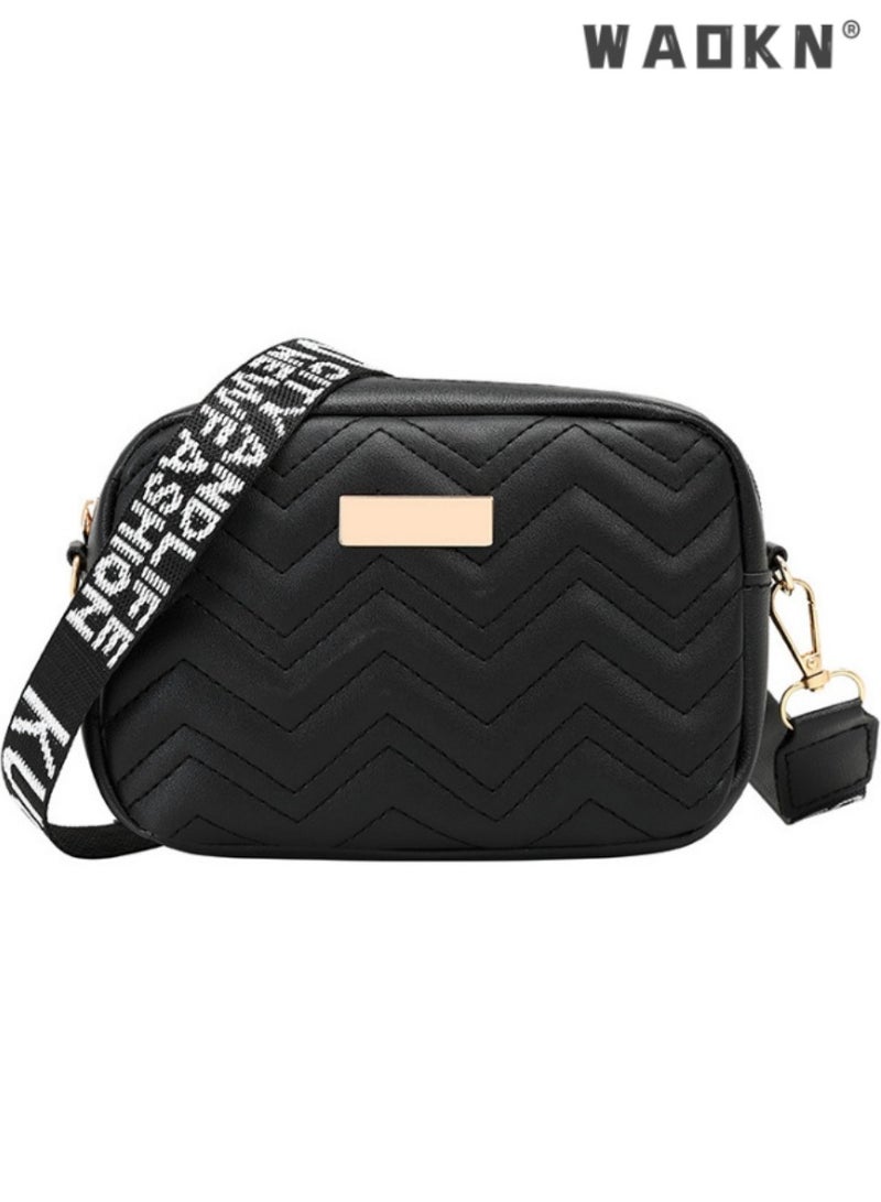 دبليو أيه أو كي أن أزياء السيدات لون واحد حقيبة الكتف ، موجة التطريز حقيبة رسول ، رسول حقيبة ، حقيبة جلدية المنسوجة ، سيدة محفظة ، حقيبة يد الطالب المسافر ، حقيبة يد ( أسود ) - Image 1