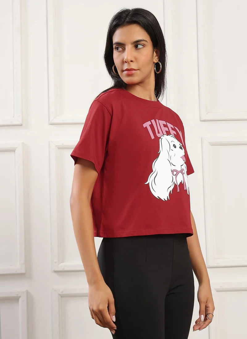 جلو باص Globus Women Red Round Neck Short Sleeves Graphic Print Boxy Fit Crop T-Shirt