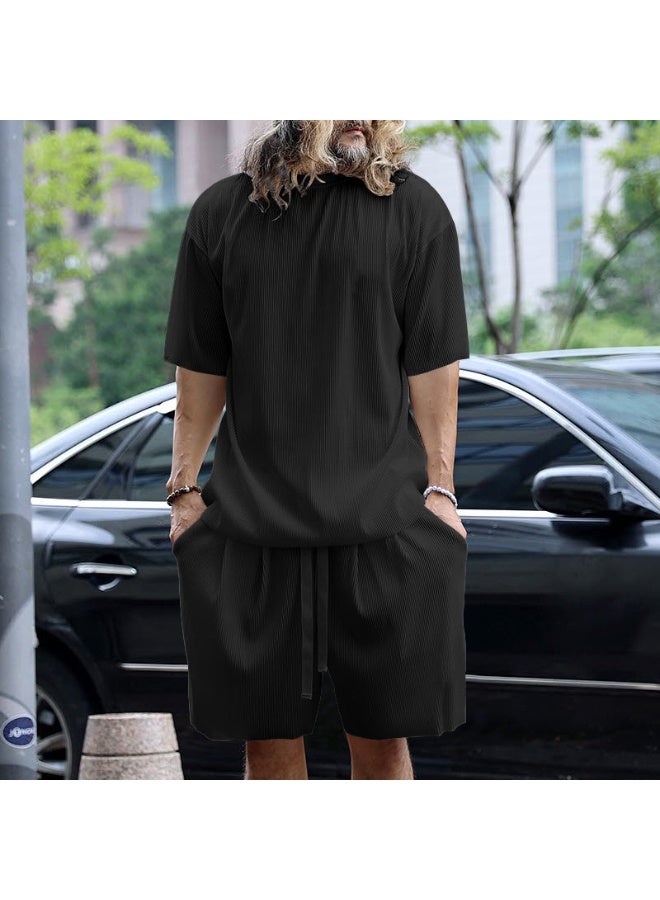 Loose Fit Short Sleeve Summer Menswear Pure Color Casual Set Thin Material Comfortable Breathable Male Model Clothing Set - Image 1