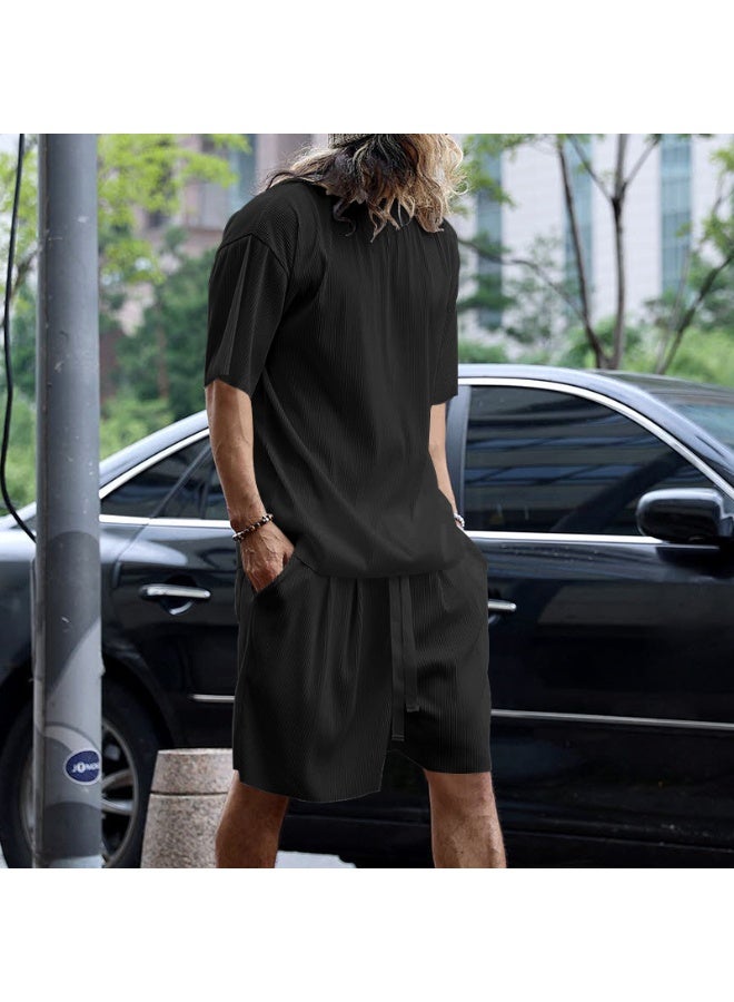 Loose Fit Short Sleeve Summer Menswear Pure Color Casual Set Thin Material Comfortable Breathable Male Model Clothing Set - Image 2