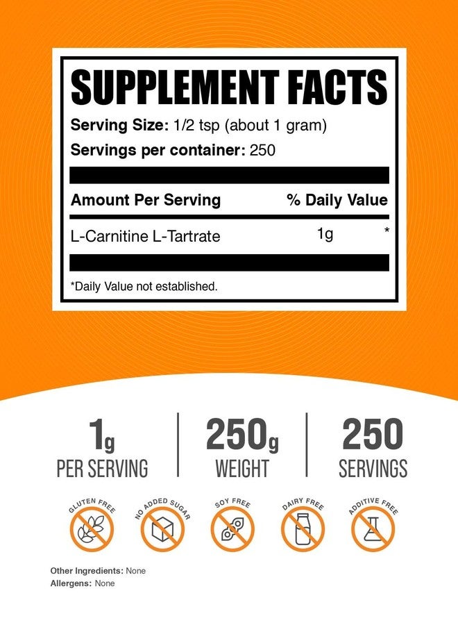 BulkSupplements.com L-Carnitine L-Tartrate Powder - Carnitine Supplement, L-Carnitine Tartrate, L Carnitine 1000mg - Amino Acids Supplement, Gluten Free, 1000mg per Serving, 250g (8.8 oz) - Image 2