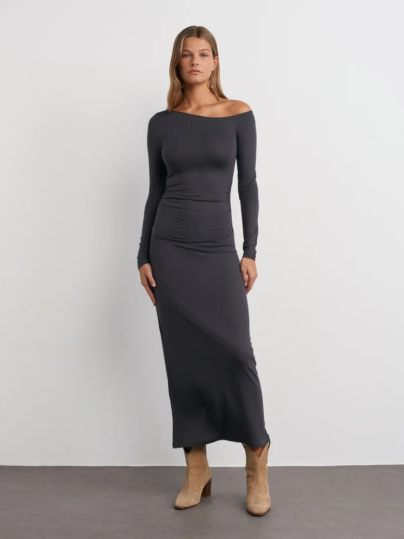 ديلفين 91140 Long Sleeve Midi Length Dress-Anthracite
