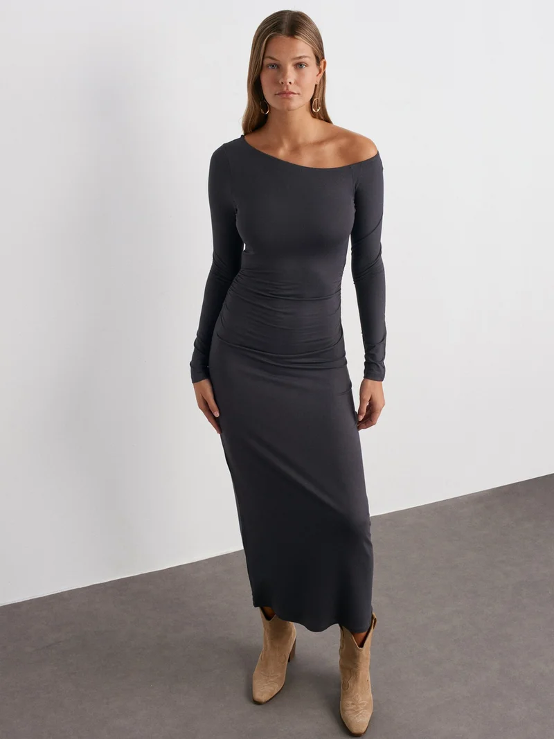 ديلفين 91140 Long Sleeve Midi Length Dress-Anthracite