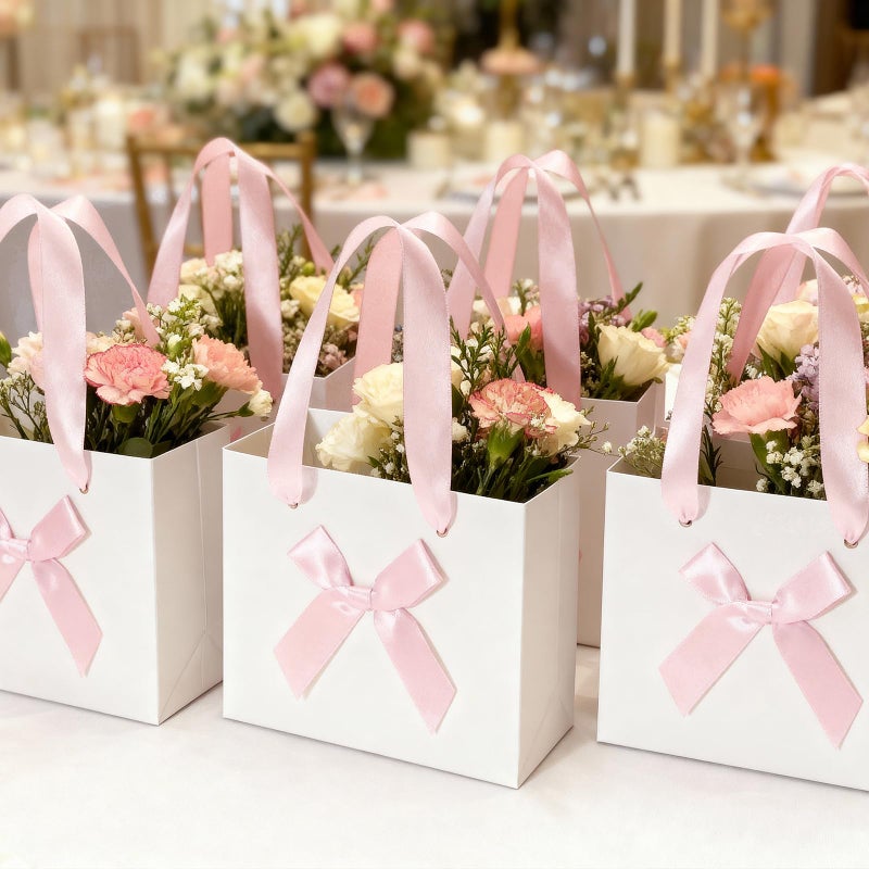 EQOREIIN 50 Pack Small Thank You Gift Bags with Bow Ribbon & Handles, 5.5x 2.5x4.7 Inch White Pink Mini Gift Bags for Jewelry, Baby Shower, Bridal Shower, Mother's Day,Christmas Holiday Gifts - Image 3