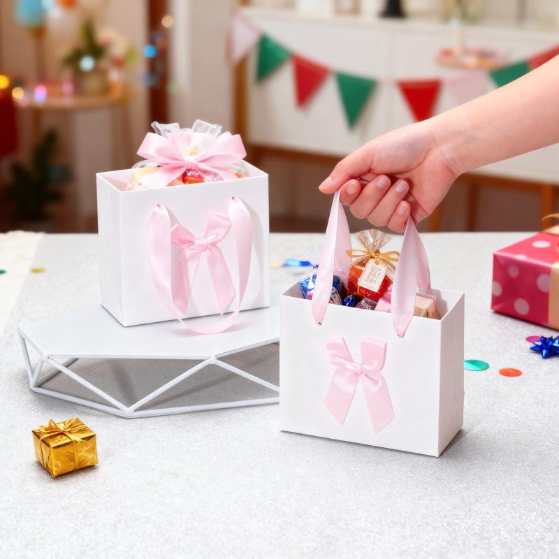 EQOREIIN 50 Pack Small Thank You Gift Bags with Bow Ribbon & Handles, 5.5x 2.5x4.7 Inch White Pink Mini Gift Bags for Jewelry, Baby Shower, Bridal Shower, Mother's Day,Christmas Holiday Gifts - Image 4