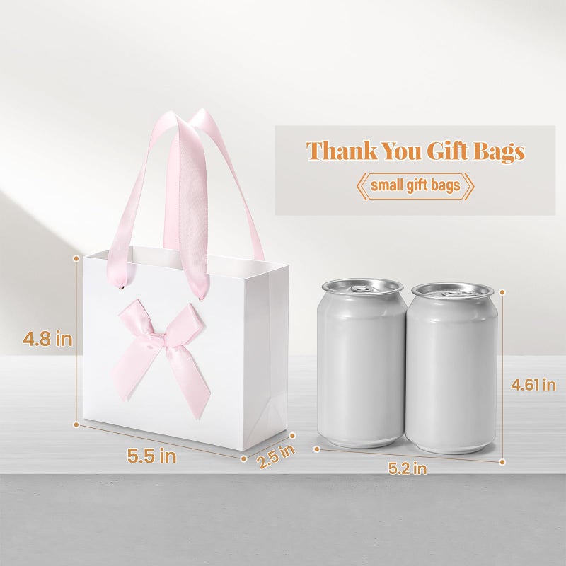 EQOREIIN 50 Pack Small Thank You Gift Bags with Bow Ribbon & Handles, 5.5x 2.5x4.7 Inch White Pink Mini Gift Bags for Jewelry, Baby Shower, Bridal Shower, Mother's Day,Christmas Holiday Gifts - Image 2