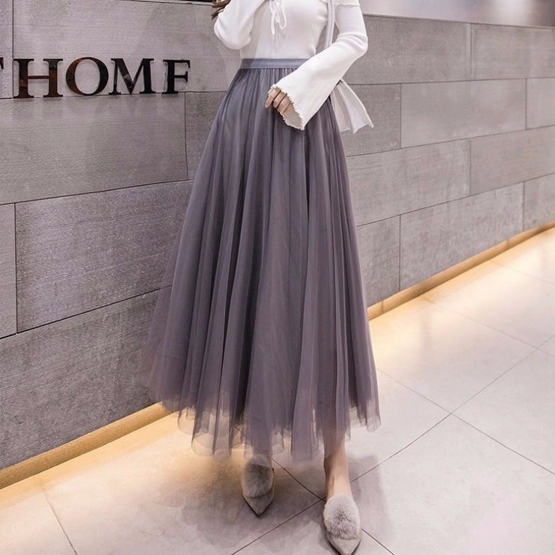 Korean-Style Womens High-Waisted Midi Skirt Elegant Lace Net Yokai A- Line Design Medium-Length Dress For Ladies Lotus color  - Image 3