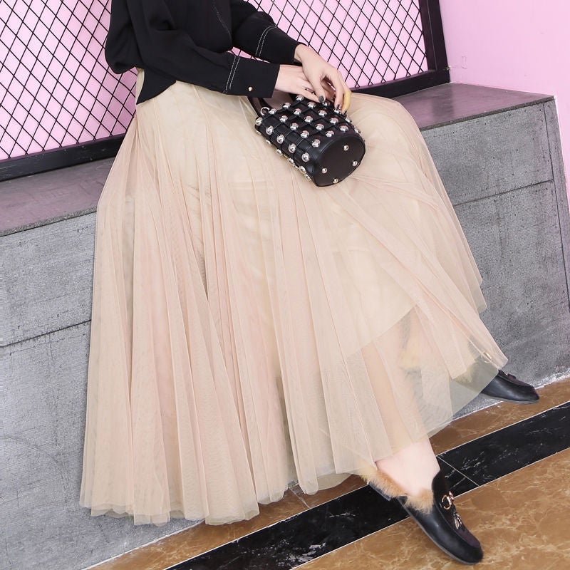 Korean-Style Womens High-Waisted Midi Skirt Elegant Lace Net Yokai A- Line Design Medium-Length Dress For Ladies Lotus color  - Image 4