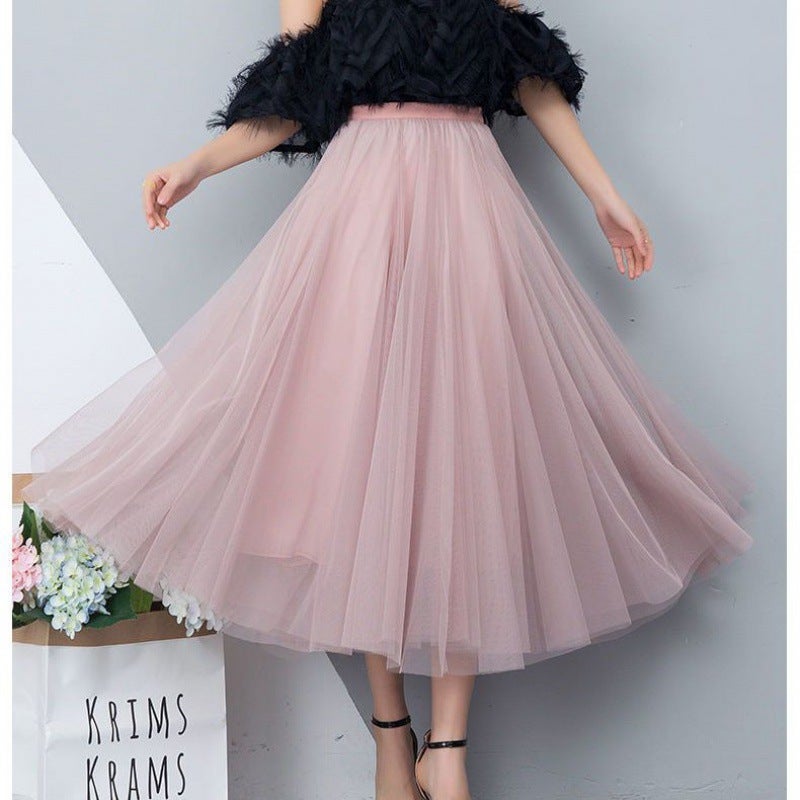 Korean-Style Womens High-Waisted Midi Skirt Elegant Lace Net Yokai A- Line Design Medium-Length Dress For Ladies Lotus color  - Image 1