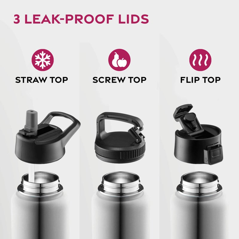 FineDine 25 Oz Insulated Water Bottle with Straw - Triple Walled Stainless Steel Metal Bottle W/ 3 Leak Proof Lids - For Travel, School, Sports, Gym/Men, Women & Kids - Inky Raven Black - Image 4