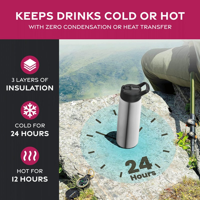 FineDine 25 Oz Insulated Water Bottle with Straw - Triple Walled Stainless Steel Metal Bottle W/ 3 Leak Proof Lids - For Travel, School, Sports, Gym/Men, Women & Kids - Inky Raven Black - Image 3