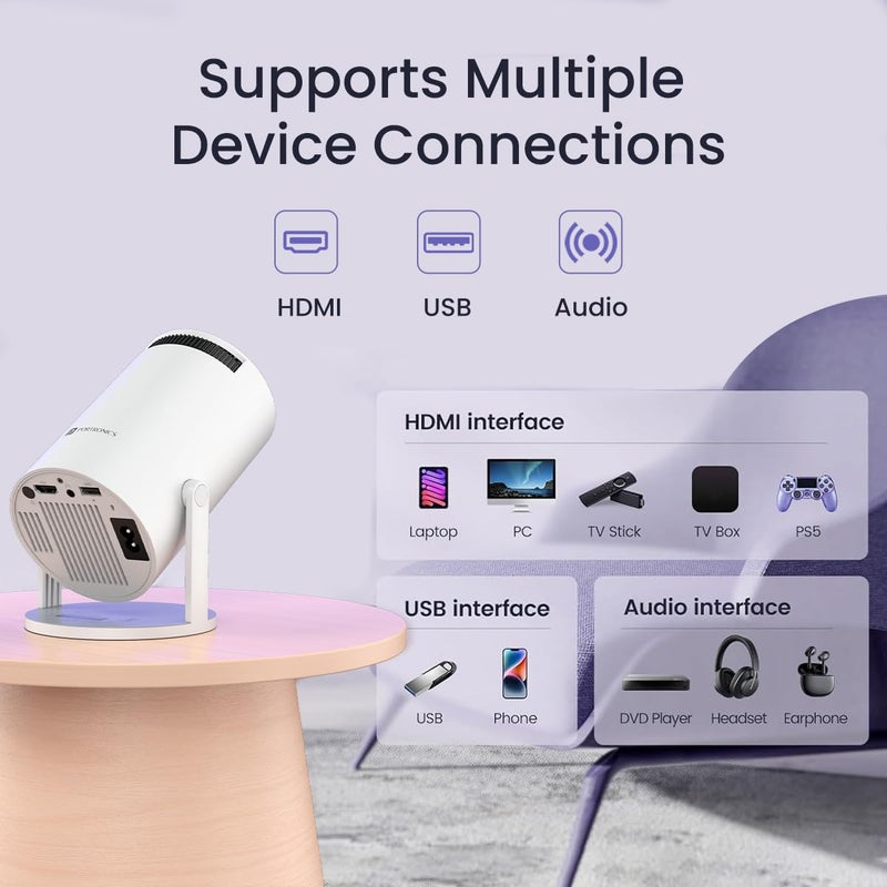 Portronics بيم 440 بروجيكتور LED ذكي بدقة 720p HD، تصميم قابل للتدوير، تطبيقات بث مدمجة (نتفليكس، برايم فيديو، هوتستار)، 2000 لومن، عكس الشاشة، مكبر صوت 3 وات (أبيض) - Image 2