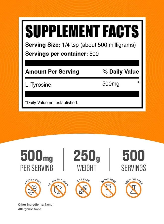 BulkSupplements.com L-Tyrosine Powder - Sports Nutrition, Amino Acid Supplement - Unflavored & Gluten Free, 500mg per Serving, 250g (8.8 oz) (Pack of 1) - Image 2