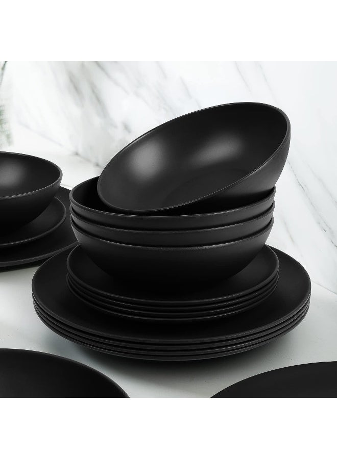 forlent Dinnerware Sets 12 pcs Black Plates and Bowls Sets Melamine Plates Indoor and Outdoor use Matte Black Dish Set Plate Set for 4 Dishwasher Safe - Image 2