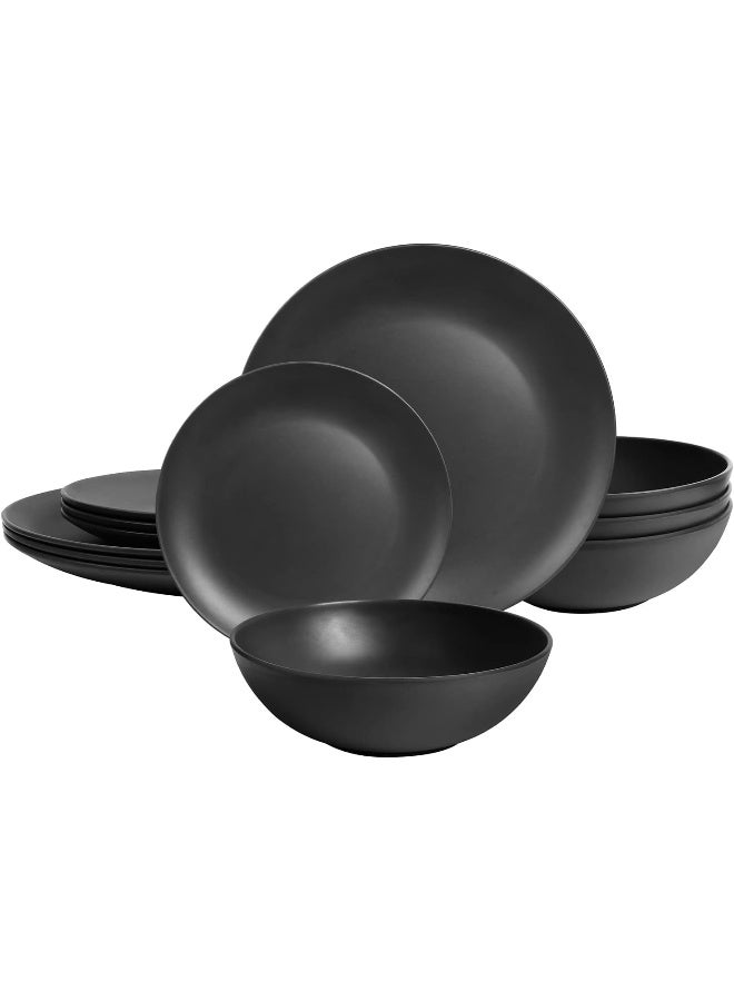 forlent Dinnerware Sets 12 pcs Black Plates and Bowls Sets Melamine Plates Indoor and Outdoor use Matte Black Dish Set Plate Set for 4 Dishwasher Safe - Image 1