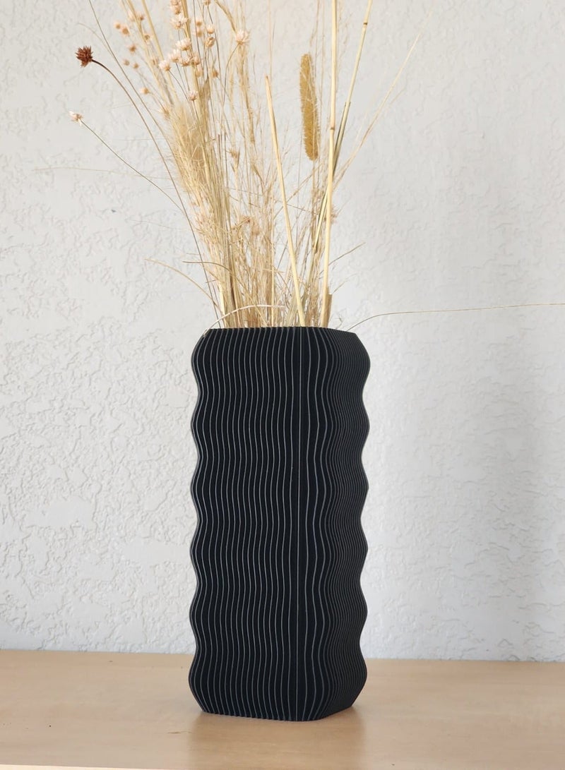 أخوة ثلاثي الأبعاد مزهرية عصرية بتصميم مموج – ديكور أنيق للمنزل – مناسبة للزهور الجافة والطبيعية – لون أسود - Image 1