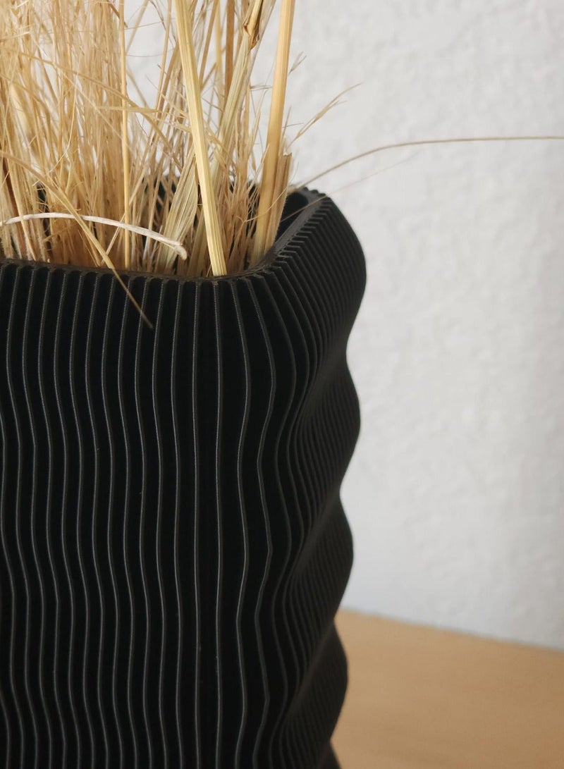 أخوة ثلاثي الأبعاد مزهرية عصرية بتصميم مموج – ديكور أنيق للمنزل – مناسبة للزهور الجافة والطبيعية – لون أسود - Image 2