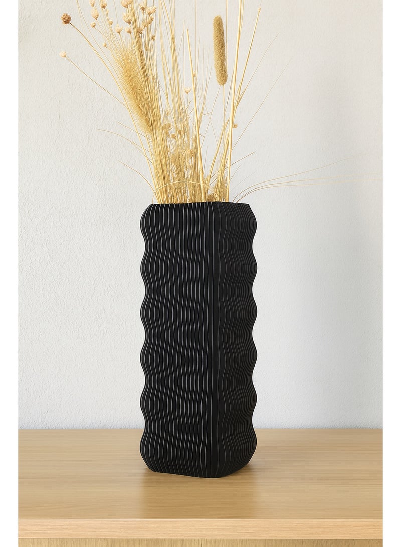 أخوة ثلاثي الأبعاد مزهرية عصرية بتصميم مموج – ديكور أنيق للمنزل – مناسبة للزهور الجافة والطبيعية – لون أسود - Image 3