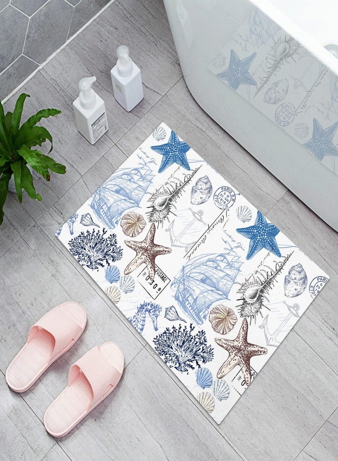 Chucoco Summer Ocean Nautical Door Mat Sea Shell Doormat,Starfish Welcome Mats Non Slip Bath Rug,Anchor Coastal Coral Indoor Floor Mats,Retro Boat Blue White Washable Entry Rugs for Kitchen Bathroom 20x32in - Image 3
