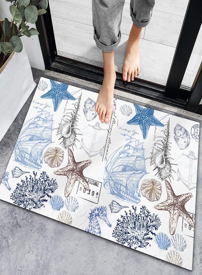 Chucoco Summer Ocean Nautical Door Mat Sea Shell Doormat,Starfish Welcome Mats Non Slip Bath Rug,Anchor Coastal Coral Indoor Floor Mats,Retro Boat Blue White Washable Entry Rugs for Kitchen Bathroom 20x32in - Image 1