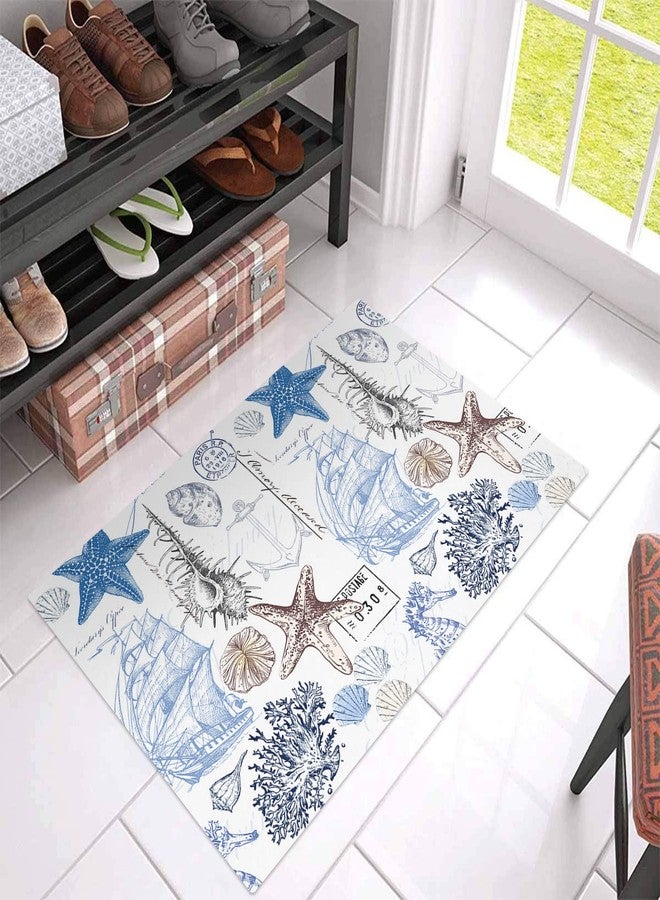 Chucoco Summer Ocean Nautical Door Mat Sea Shell Doormat,Starfish Welcome Mats Non Slip Bath Rug,Anchor Coastal Coral Indoor Floor Mats,Retro Boat Blue White Washable Entry Rugs for Kitchen Bathroom 20x32in - Image 2
