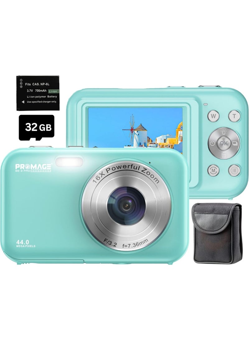 برو ميج كاميرا رقمية PROMAGE PC95 باللون الأخضر – صور بدقة 44 ميجابكسل، فيديو 1080p، شاشة 2.4 بوصة، تقريب 16X، قابلة لإعادة الشحن، مع حقيبة حمل SOLIBAG - Image 1