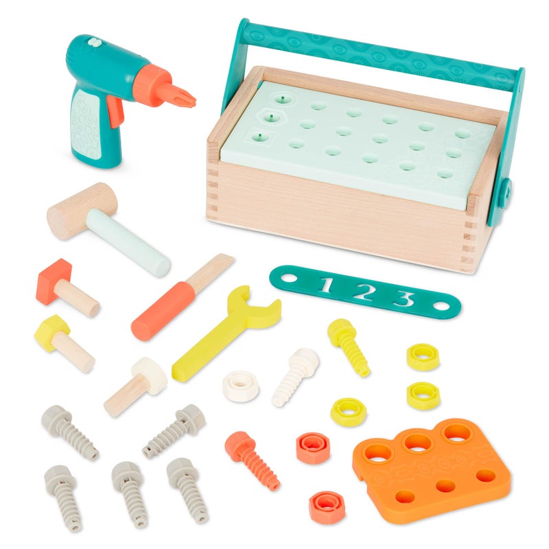 مجموعة أدوات B toys Fix n Play صندوق أدوات اللعب التخيلي صندوق أدوات خشبي ملحقات 25 قطعة مجموعة نجار للأطفال مجموعة لعب مع مثقاب مطرقة مفك المزيد 3 سنوات