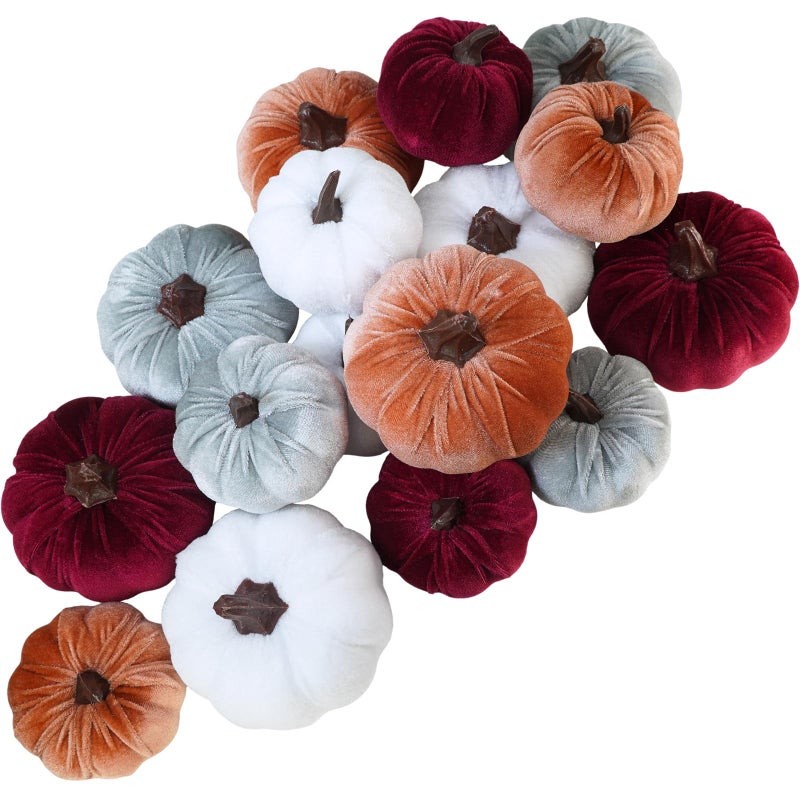Winlyn 16 Pcs Assorted Fall Artificial Velvet Pumpkins Small Decorative Fabric Rustic Foam Pumpkins in Burgundy Bronze Gray White for Autumn Wedding Halloween Thanksgiving Table Centerpiece