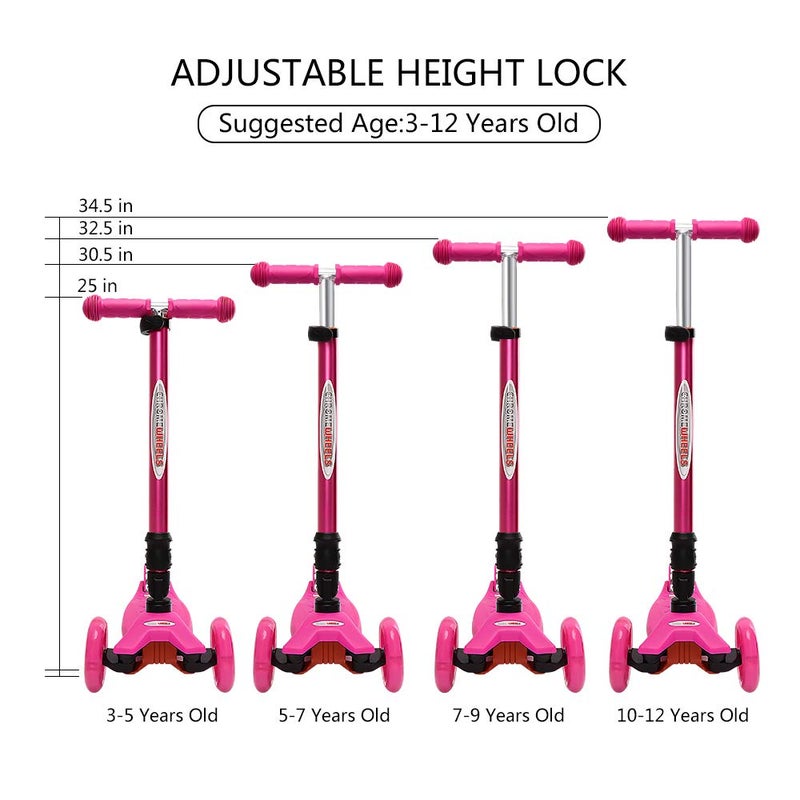 ChromeWheels Foldable Scooters for Kids, Deluxe Kick Scooter 4 Adjustable Height 132lbs Weight Limit 3 Wheel, Lean to Steer LED Light Up Wheels, Best Gifts for Girls Boys Age 3-12 Year Old, Pink