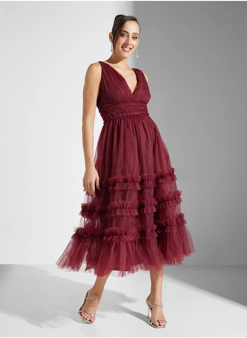 Lace and Beads V-Neck Ruffles Dress