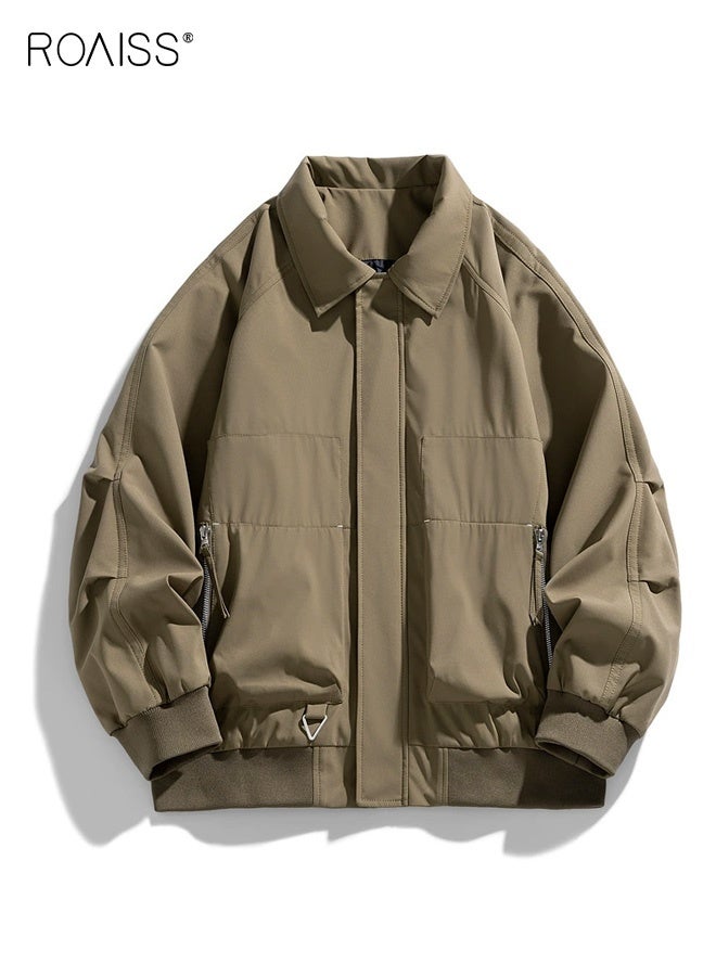 رويس جاكيت رجالي كاجوال من قماش مخملي بتصميم متعدد الجيوب، لون سادة، مقاس مريح، إغلاق بأزرار أمامية لملابس العمل والأسلوب اليومي الكاجوال - Image 1