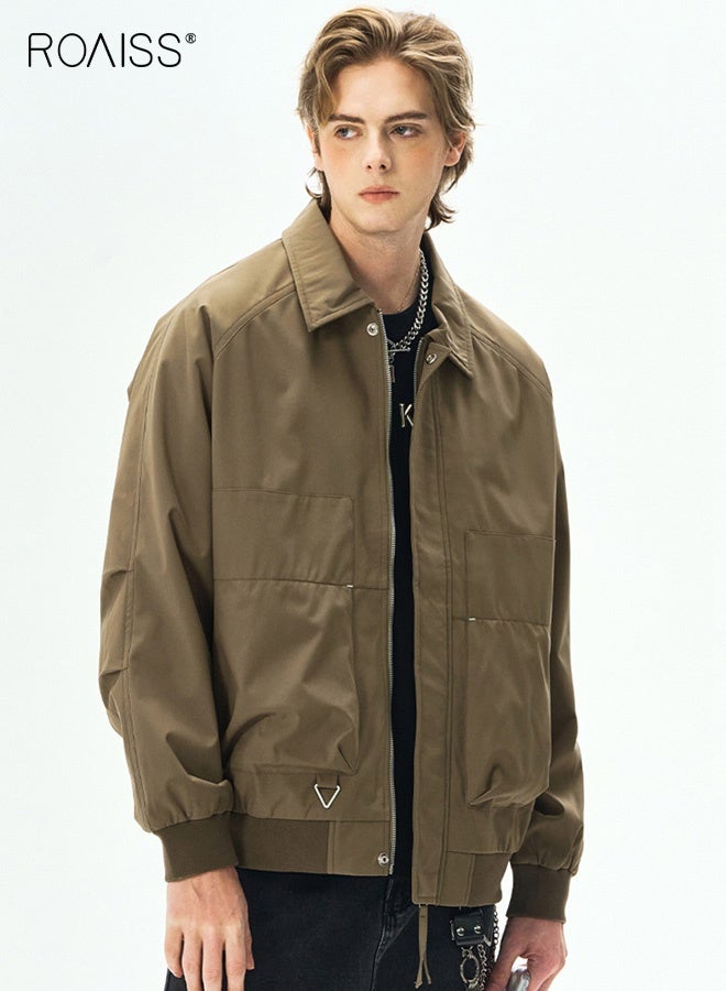 رويس جاكيت رجالي كاجوال من قماش مخملي بتصميم متعدد الجيوب، لون سادة، مقاس مريح، إغلاق بأزرار أمامية لملابس العمل والأسلوب اليومي الكاجوال - Image 3