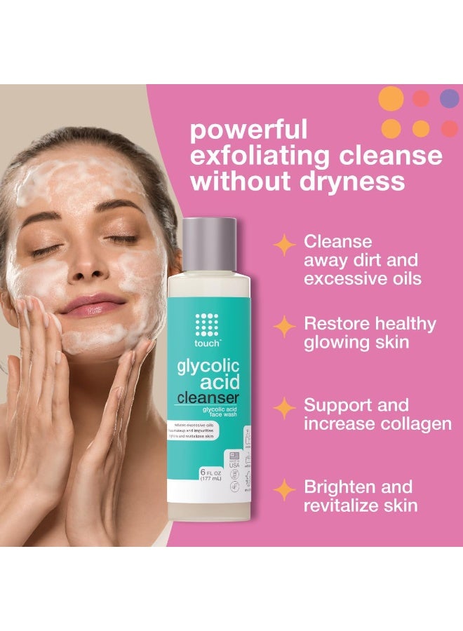 Touch 10% Glycolic Acid Face Wash - Exfoliating, Non Drying & Foaming AHA Cleanser - Anti-Aging, Skin Tone & Texture, Wrinkles, Pores, Blackheads - Sulfate Free, Oil Free, & Low PH - 6 oz. - Image 2