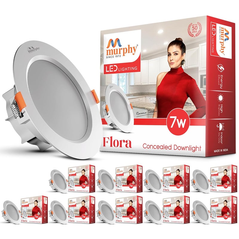 MURPHY Polycarbonate Flora 7W LED Down Light, Cool White Light, Round, Pack of 10, Recessed Ceiling LED Light, Suited for 3 inch Junction Box (2 Years Warranty) - Image 1