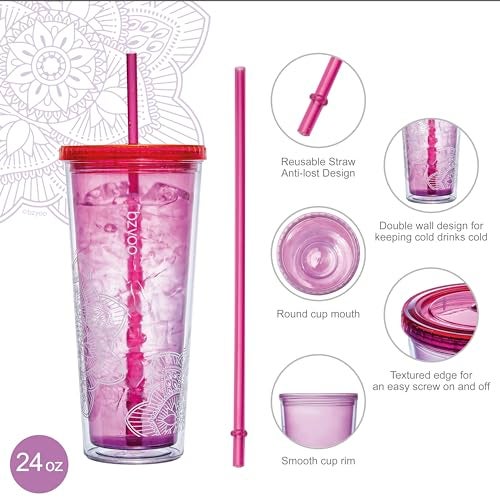 bzyoo SIP 24oz (710ml) Double Wall Plastic Tumbler with Lid and Straw Cold Drink Travel Mug Reusable Party Cup Perfect for Office Ice Coffee or Tea and Gift Color: Pink & Purple - Image 5