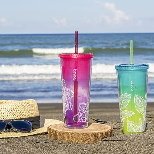 bzyoo SIP 24oz (710ml) Double Wall Plastic Tumbler with Lid and Straw Cold Drink Travel Mug Reusable Party Cup Perfect for Office Ice Coffee or Tea and Gift Color: Pink & Purple - Image 2
