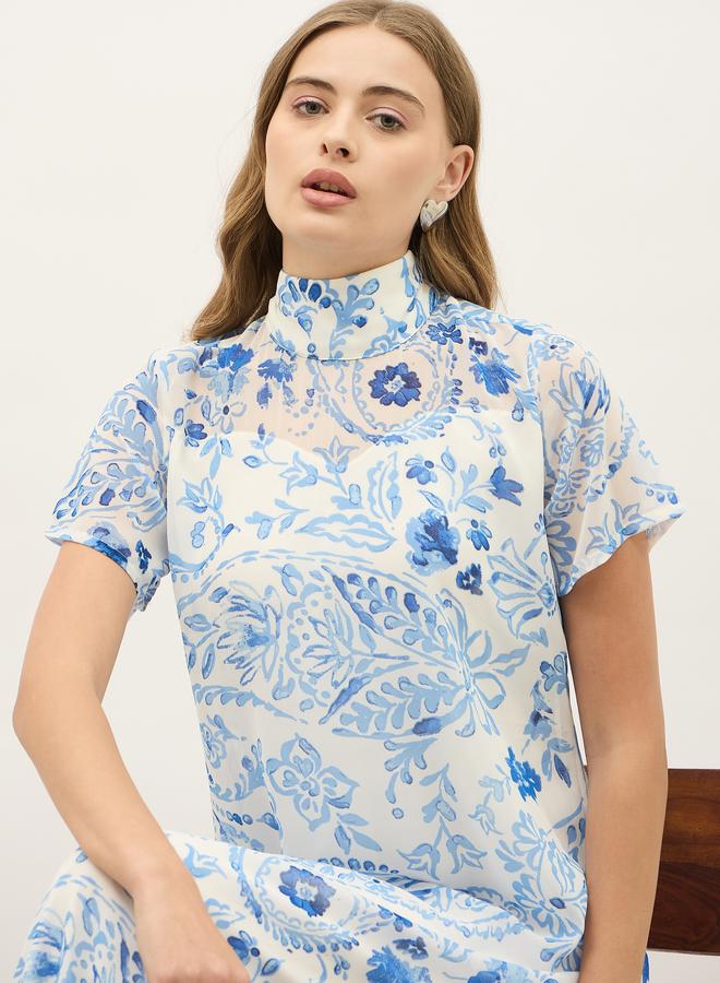 Styli All-Over Print High Neck A-Line Maxi Dress - Image 4