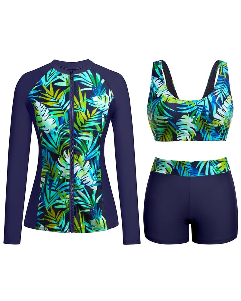 Holipick Blue and Green Leaves Long Sleeve Swimsuits for Women 3 Piece Rash Guard with Shorts Zipper SPF Swim Shirt with Built in Bra M