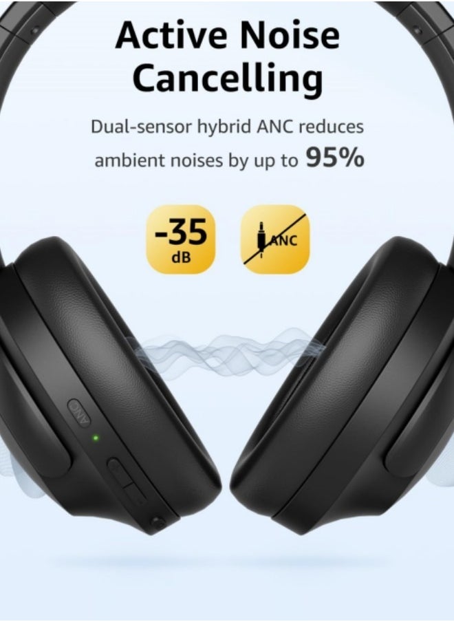 GGEROU Hybrid Active Noise Cancelling Headphones with Built-in Microphone, 40H Playing Time Hi-Res Audio & Deep Bass Bluetooth Wireless Over Ear Foldable Headphones Black  - Image 2